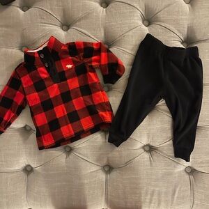12M Baby Red and Black Buffalo Plaid Fleece Top with Black Fleece Bottoms